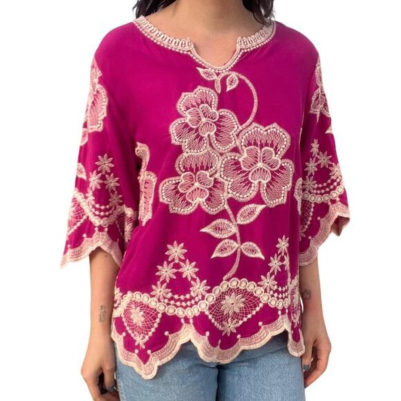 Solitaire Tops - 🍀Solitaire Embroidered Floral Bell Sleeve Peasant Boho Top Fuchsia Pink Womens S